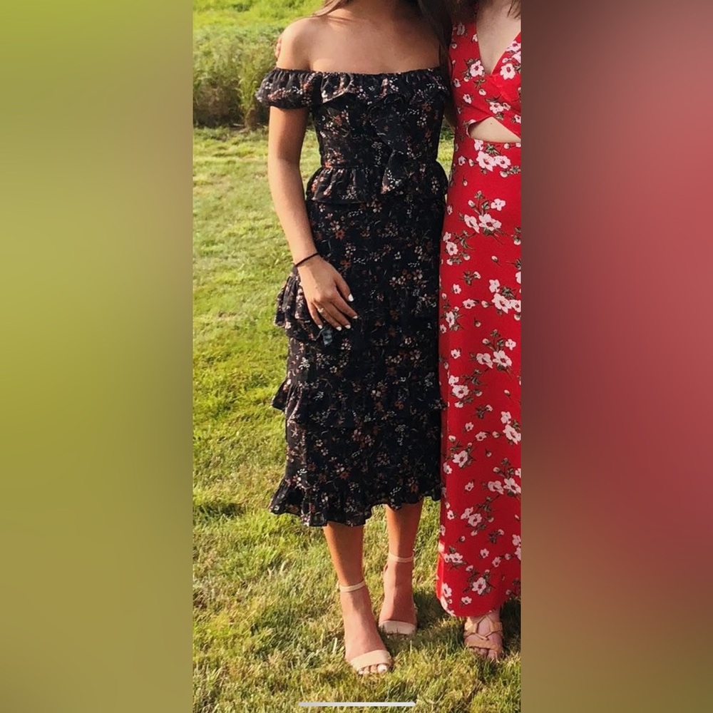 Tularosa Navy Floral Ruffled Off-Shoulder Dress